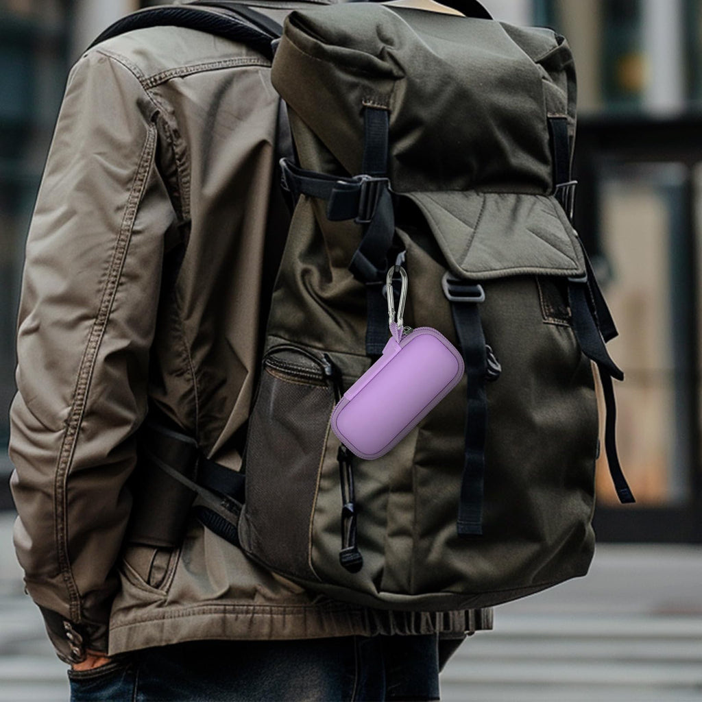 Lavender USB flash drive and SD card storage case clipped to a backpack