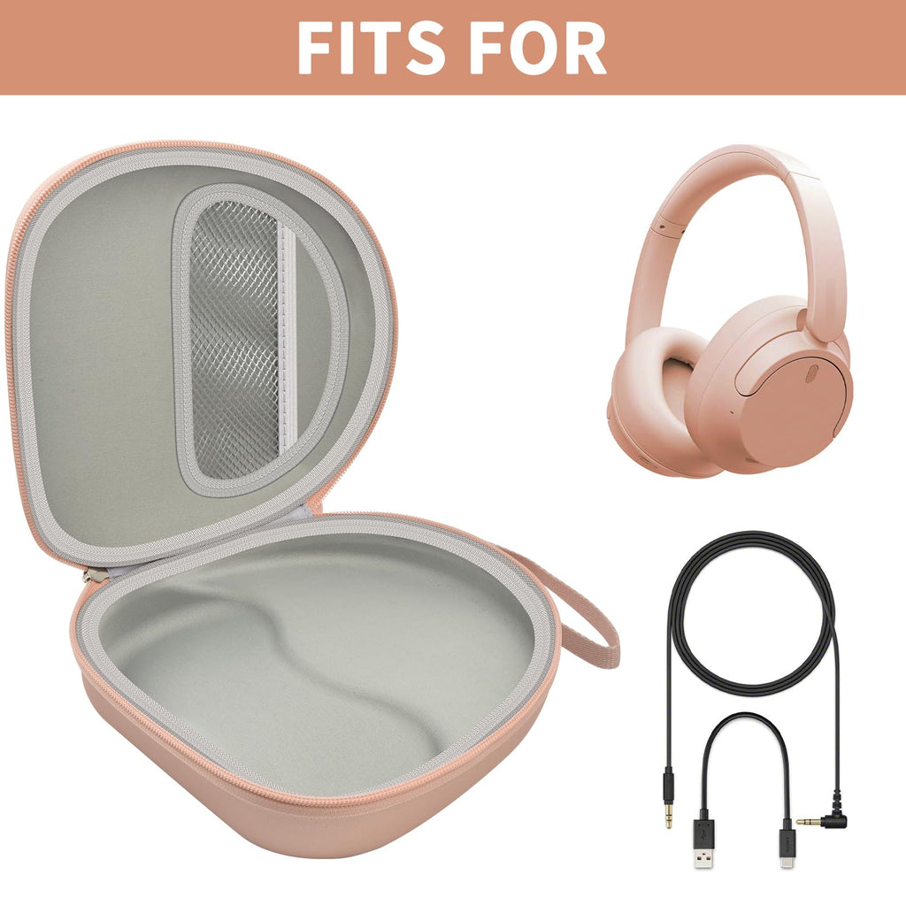 Open rose gold headphone case shown with compatible Sony and JBL over-ear headphones