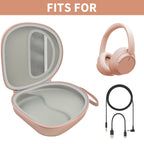 Open rose gold headphone case shown with compatible Sony and JBL over-ear headphones