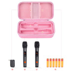 Open pink JBL PartyBox wireless microphone case with dual mic compartments and battery storage