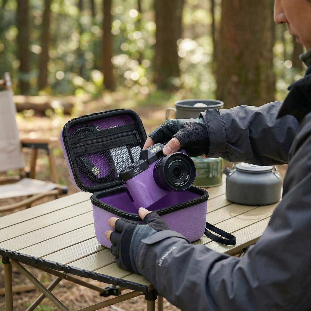 Open purple camera organizer holding a compact camera during outdoor use