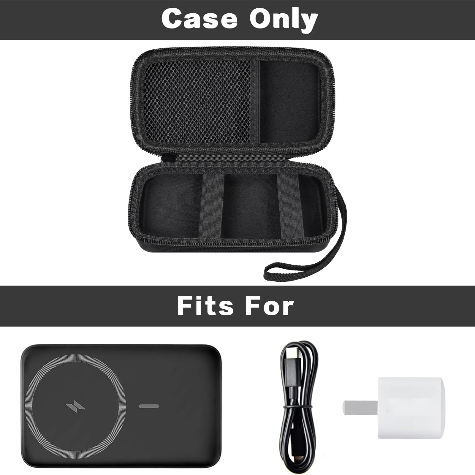 Open black slim power bank case with mesh pocket and elastic retaining straps; case only