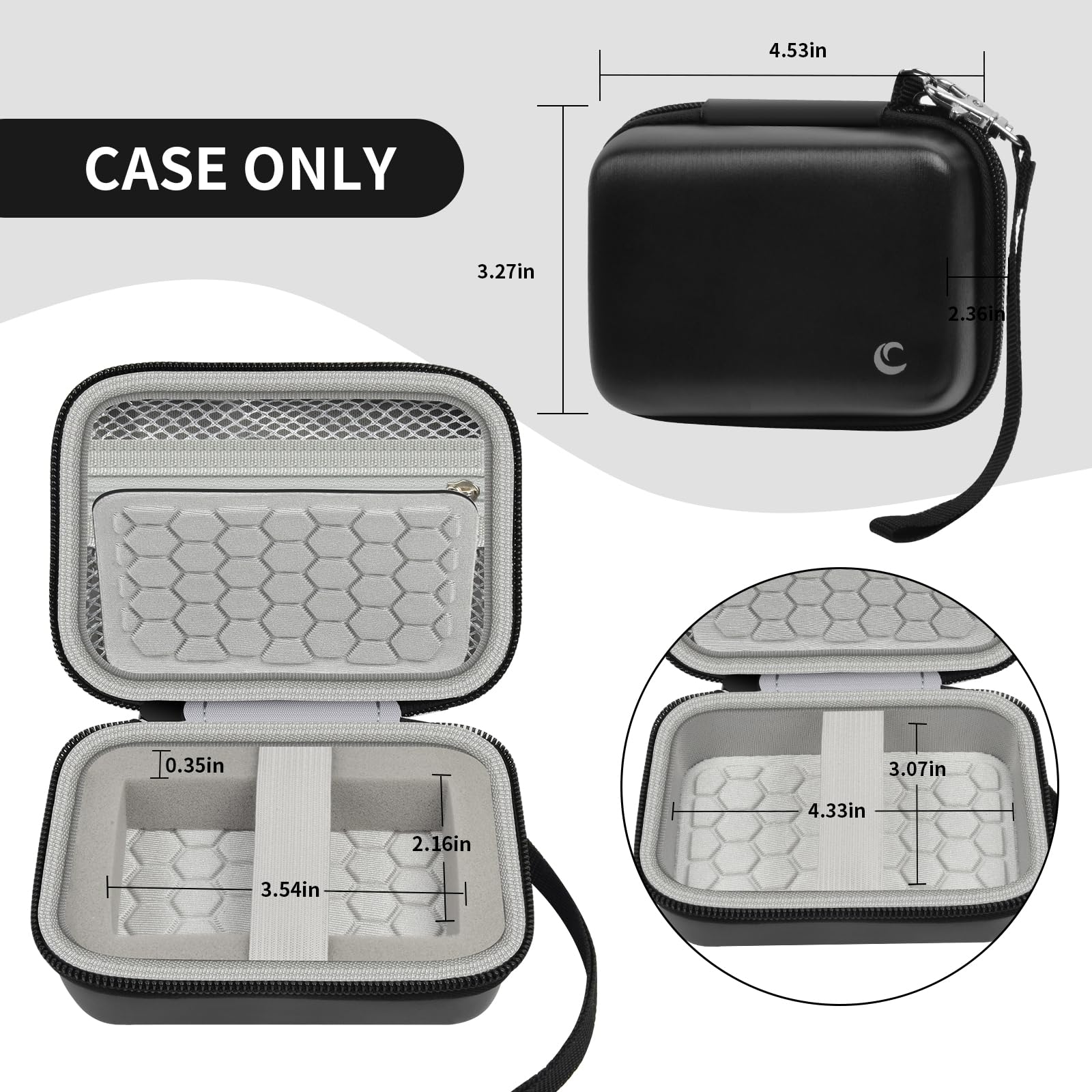 Open black and gray camera case with internal dimensions and wrist strap; case only