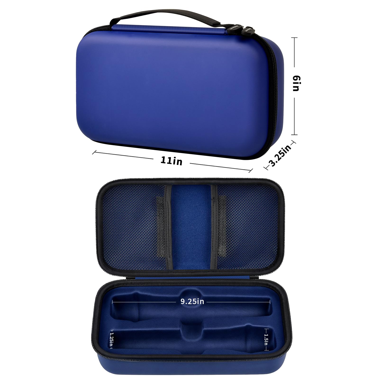 Navy JBL wireless microphone case dimensions with dual storage layout