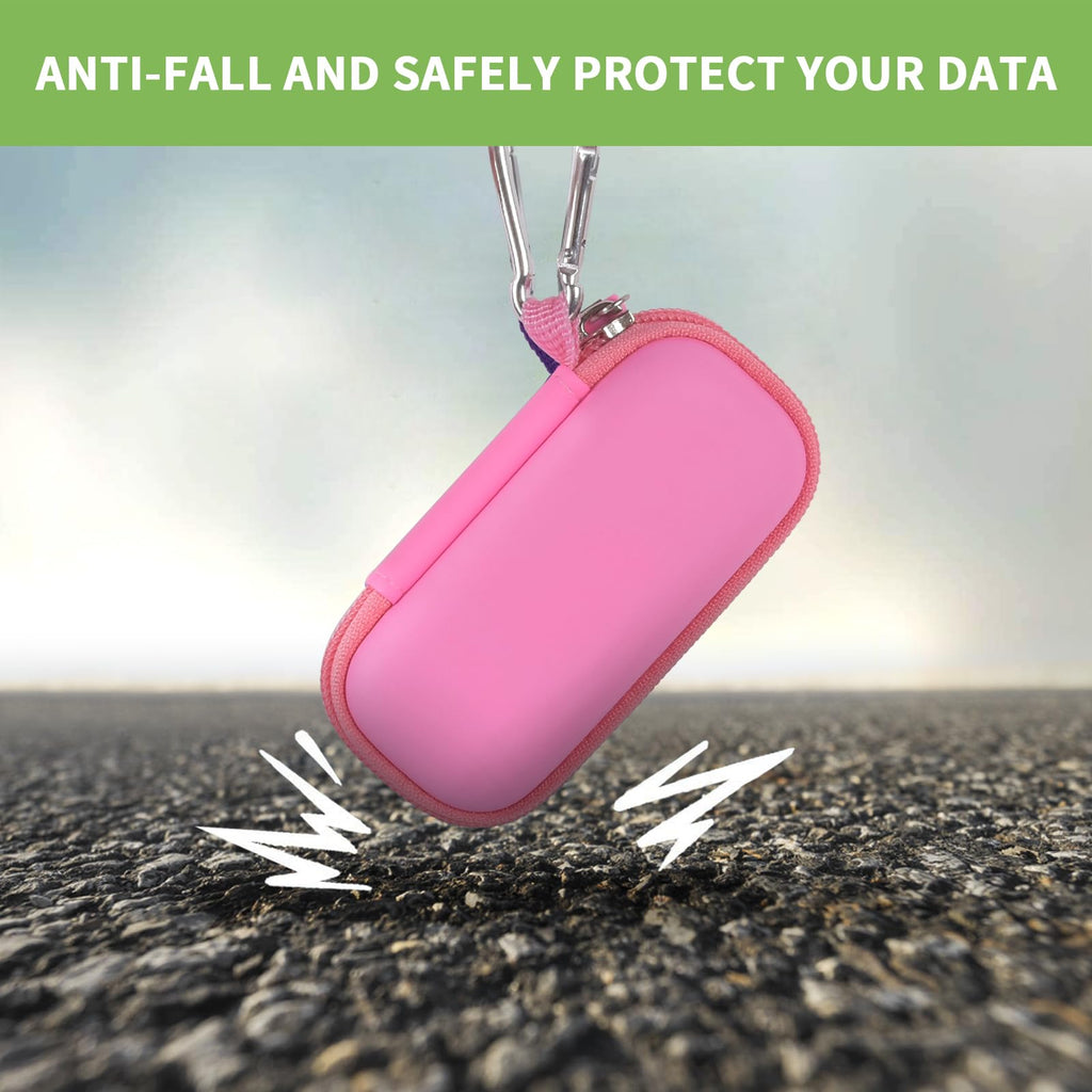 Light pink USB flash drive and SD card storage case drop-protection demonstration