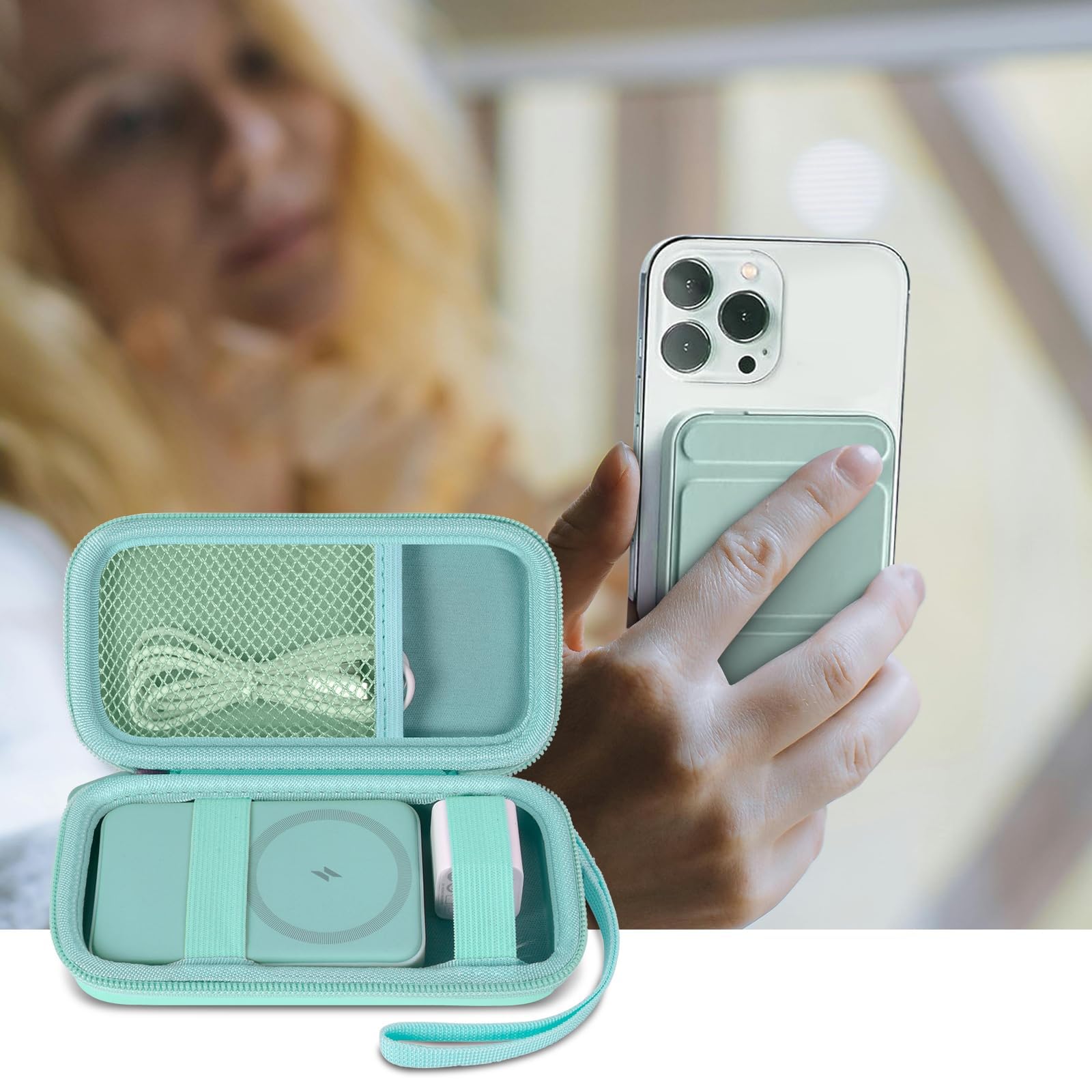 Mint green carrying case beside a phone using a magnetic power bank
