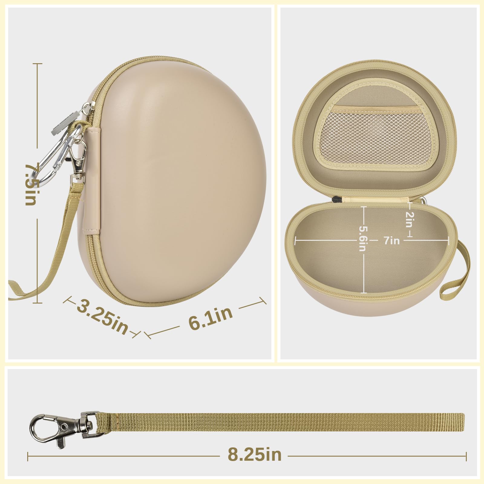 Beige extra-large headphone case dimensions with removable 8.25-inch strap