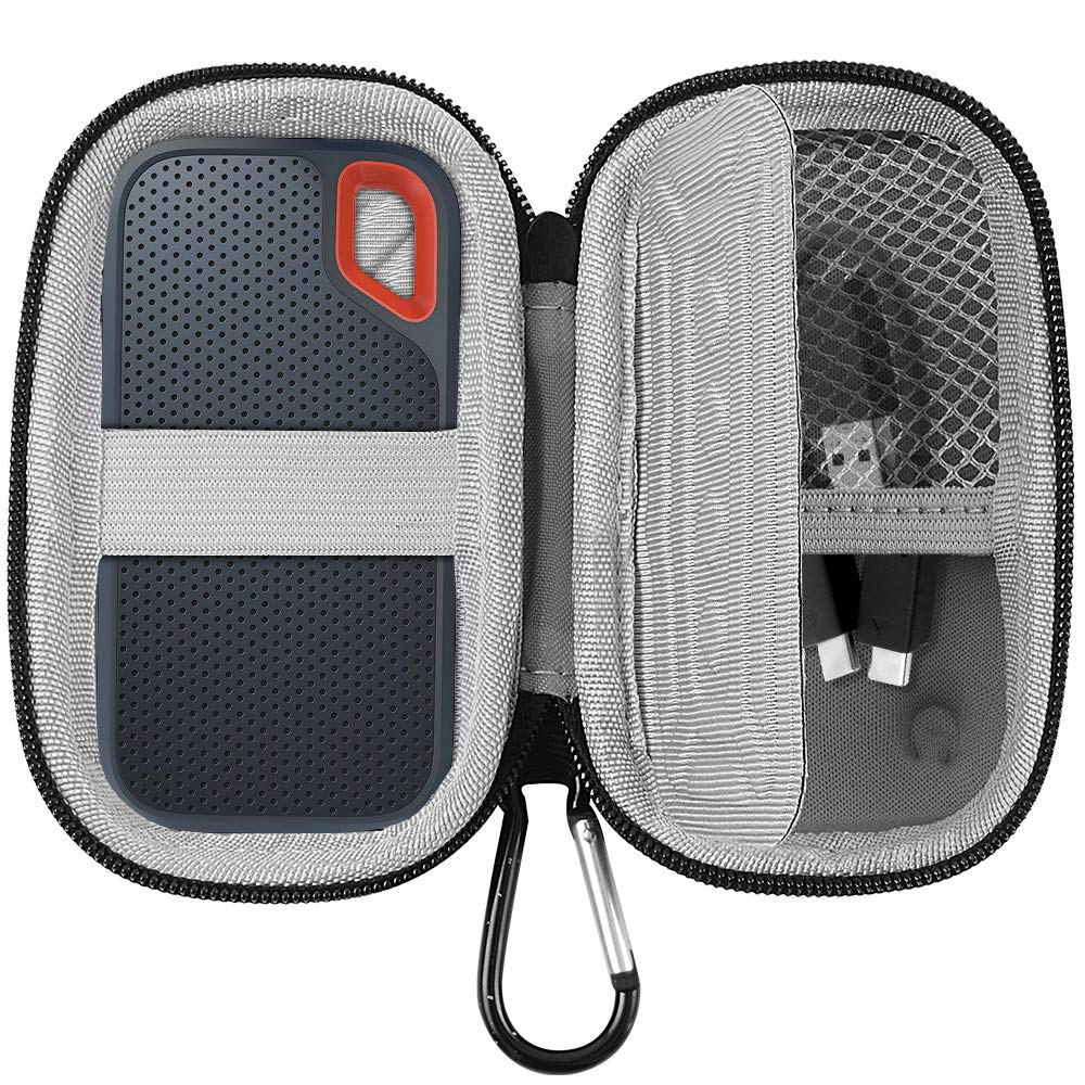 Open navy SSD case with mesh pocket, elastic strap, and molded storage compartments