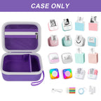 Open purple mini label printer case shown with compatible Memoking and Phomemo printers; case only