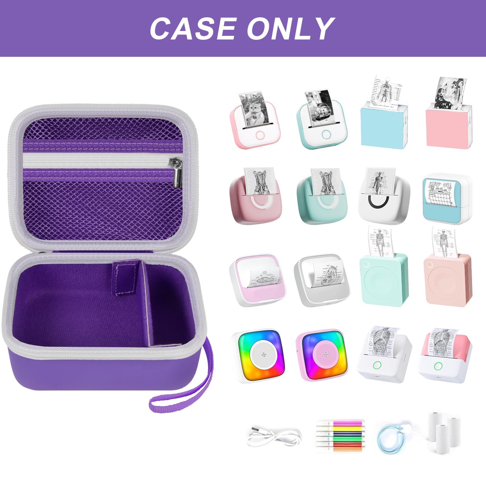 Open purple mini label printer case shown with compatible Memoking and Phomemo printers; case only