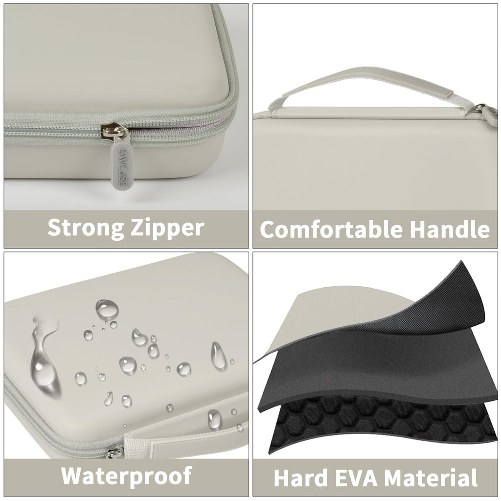 Ivory jewelry case with strong zipper, handle, water-resistant shell, and hard EVA construction