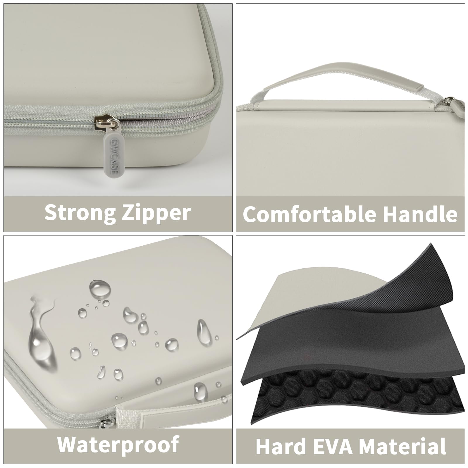 Ivory jewelry case with strong zipper, handle, water-resistant shell, and hard EVA construction
