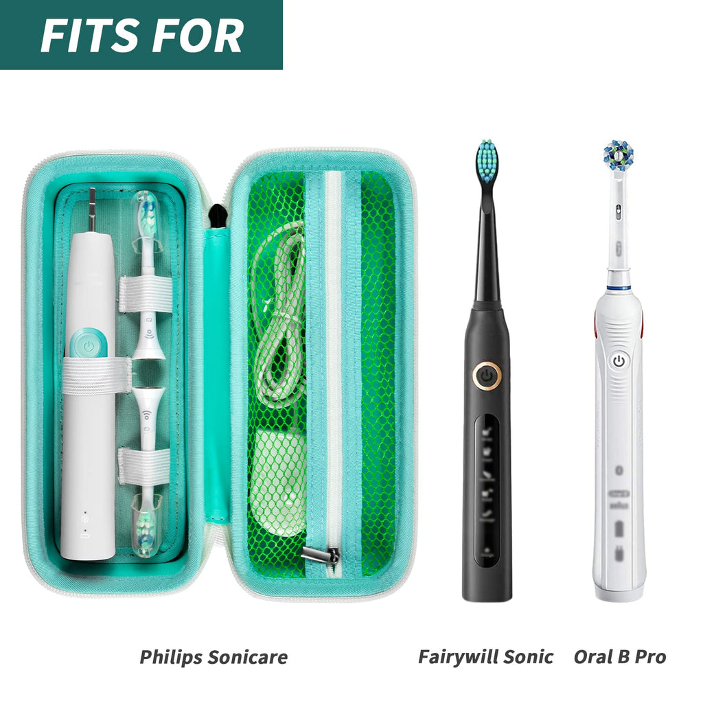 Open green toothbrush case shown with compatible Oral-B and Philips Sonicare handles