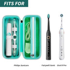 Open green toothbrush case shown with compatible Oral-B and Philips Sonicare handles
