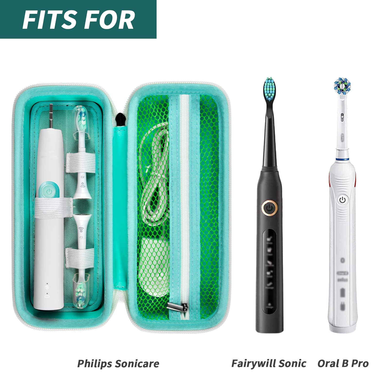 Open green toothbrush case shown with compatible Oral-B and Philips Sonicare handles