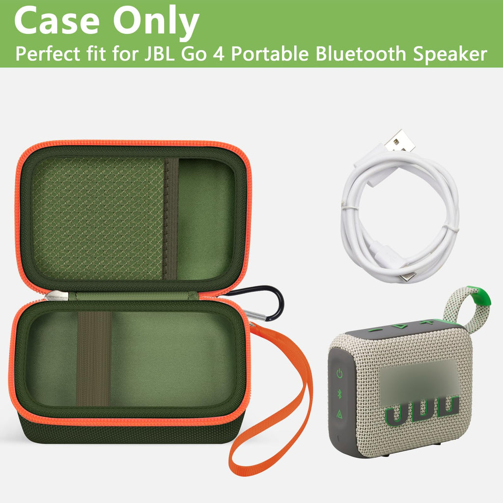 Open dark green and orange JBL Go speaker case with mesh cable pocket and elastic retaining strap; case only