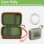 Open dark green and orange JBL Go speaker case with mesh cable pocket and elastic retaining strap; case only