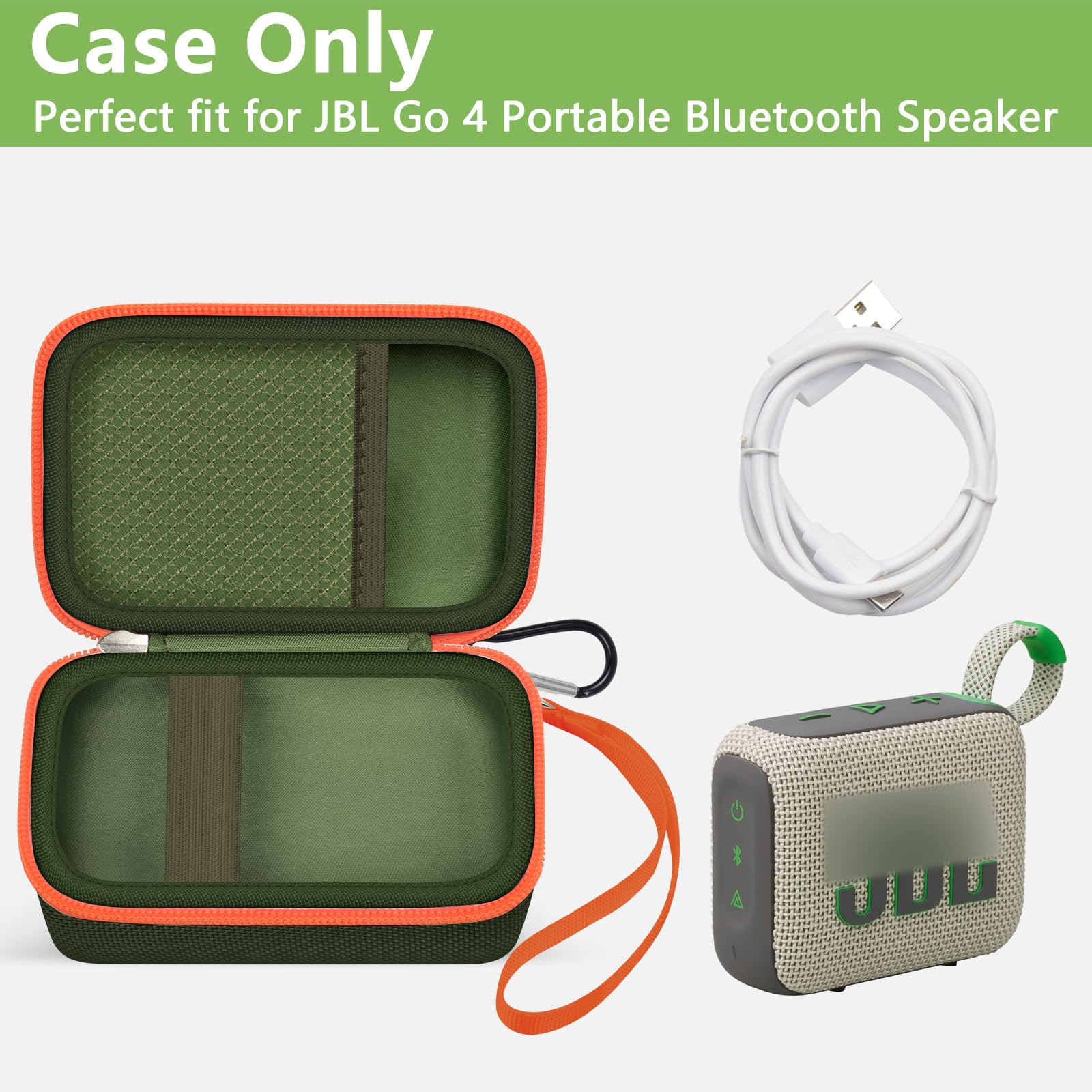 Open dark green and orange JBL Go speaker case with mesh cable pocket and elastic retaining strap; case only