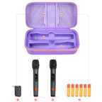Open purple JBL PartyBox wireless microphone case with dual mic compartments and battery storage