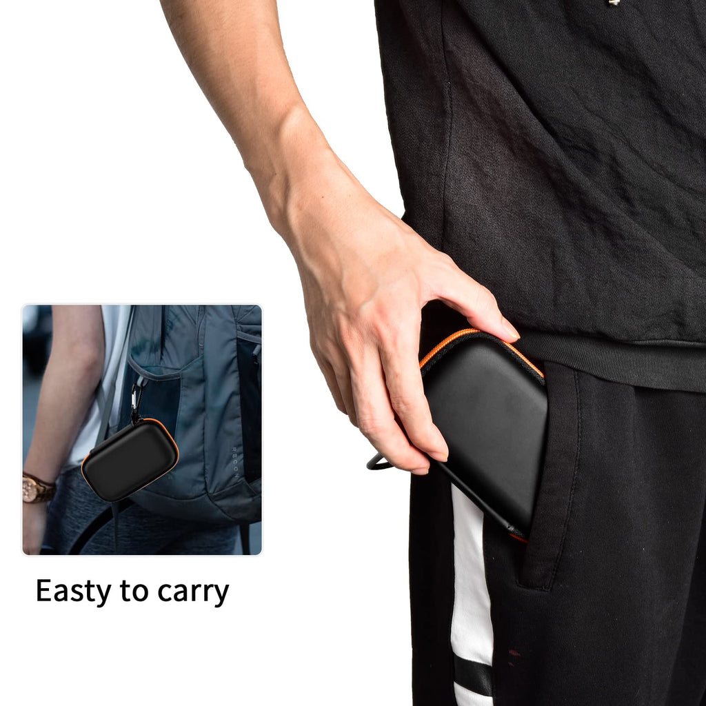 Person carrying the black and orange SSD case by its carabiner