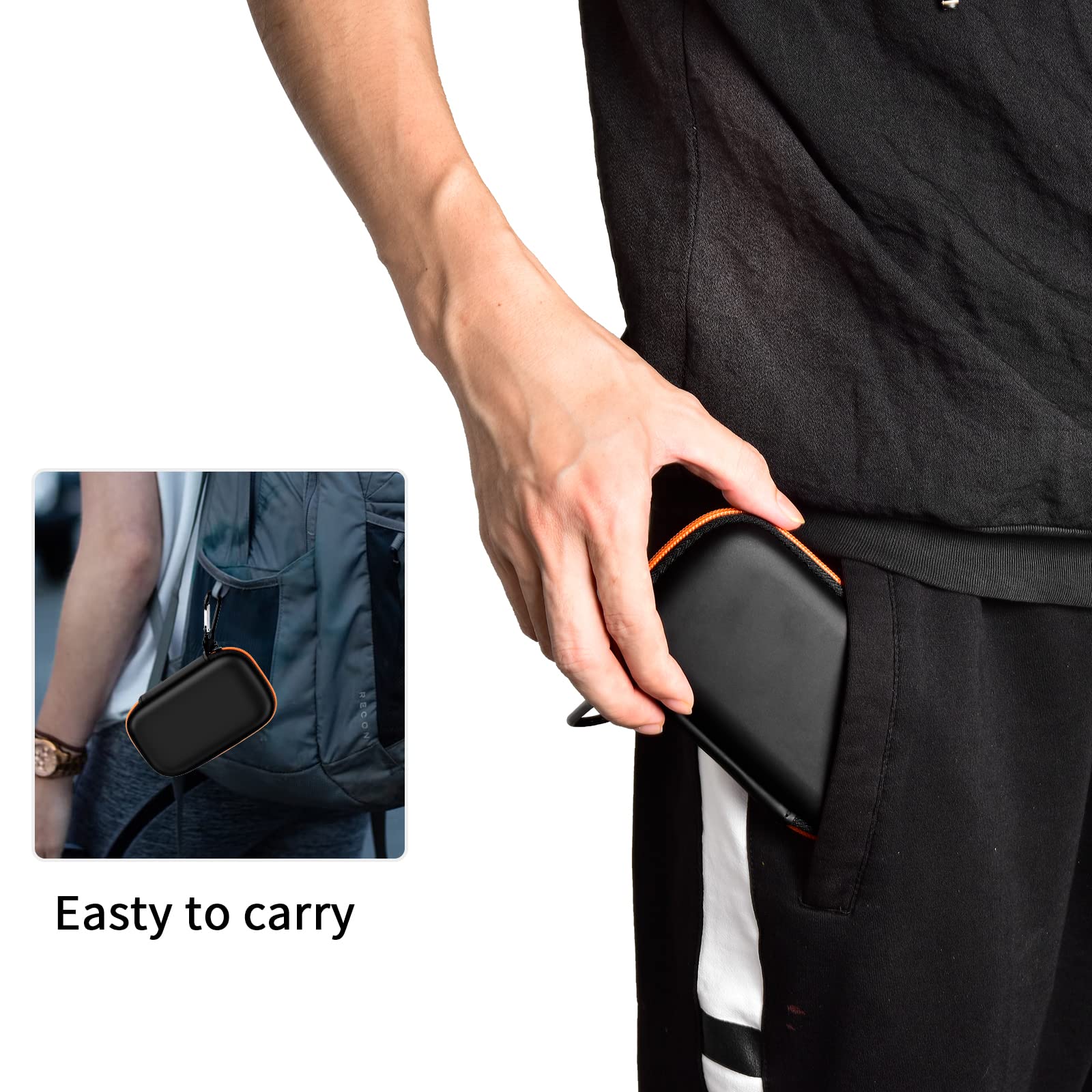 Person carrying the black and orange SSD case by its carabiner