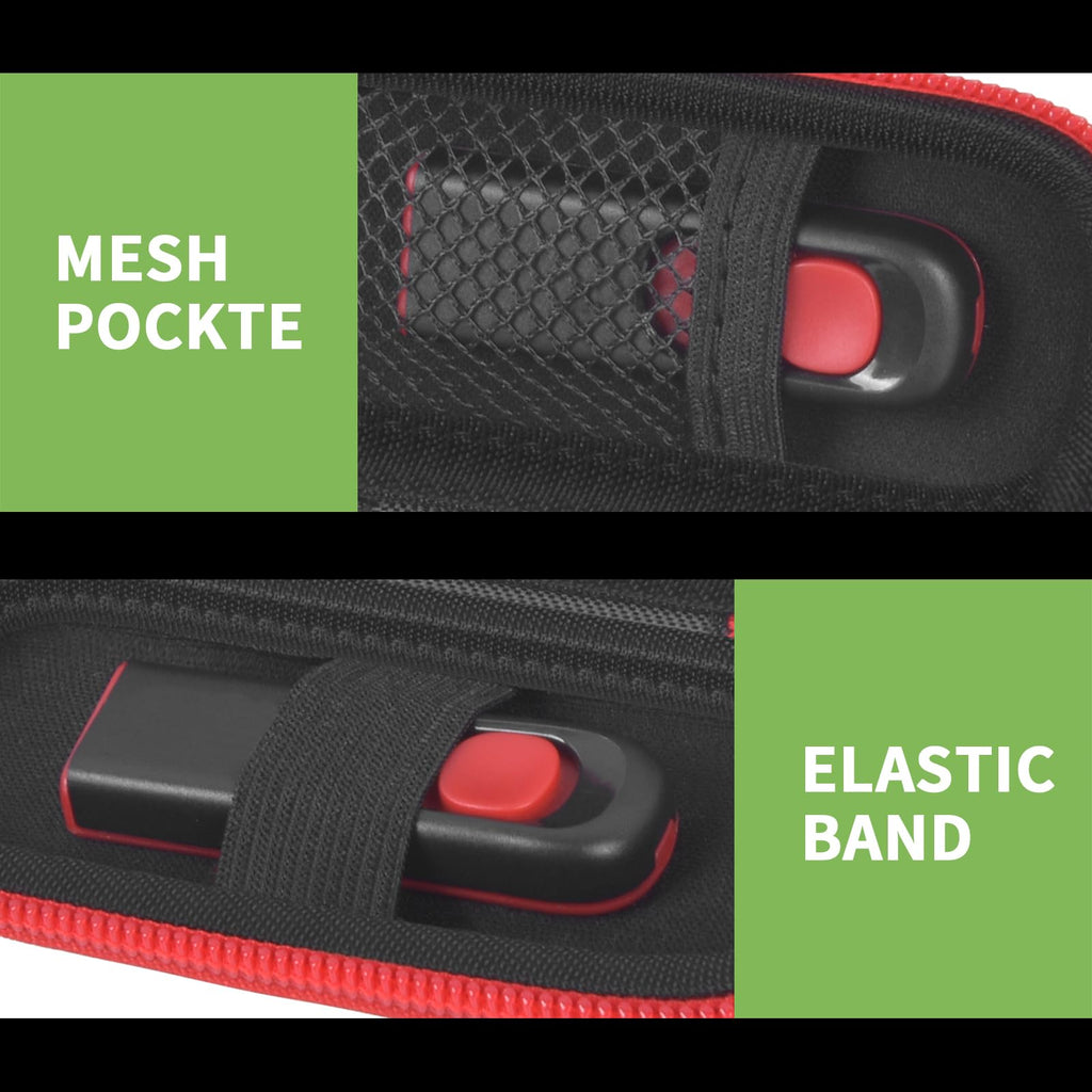 Black and red USB flash drive and SD card storage case mesh pocket and elastic strap interior
