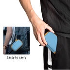Person carrying the blue and yellow SSD case by its carabiner