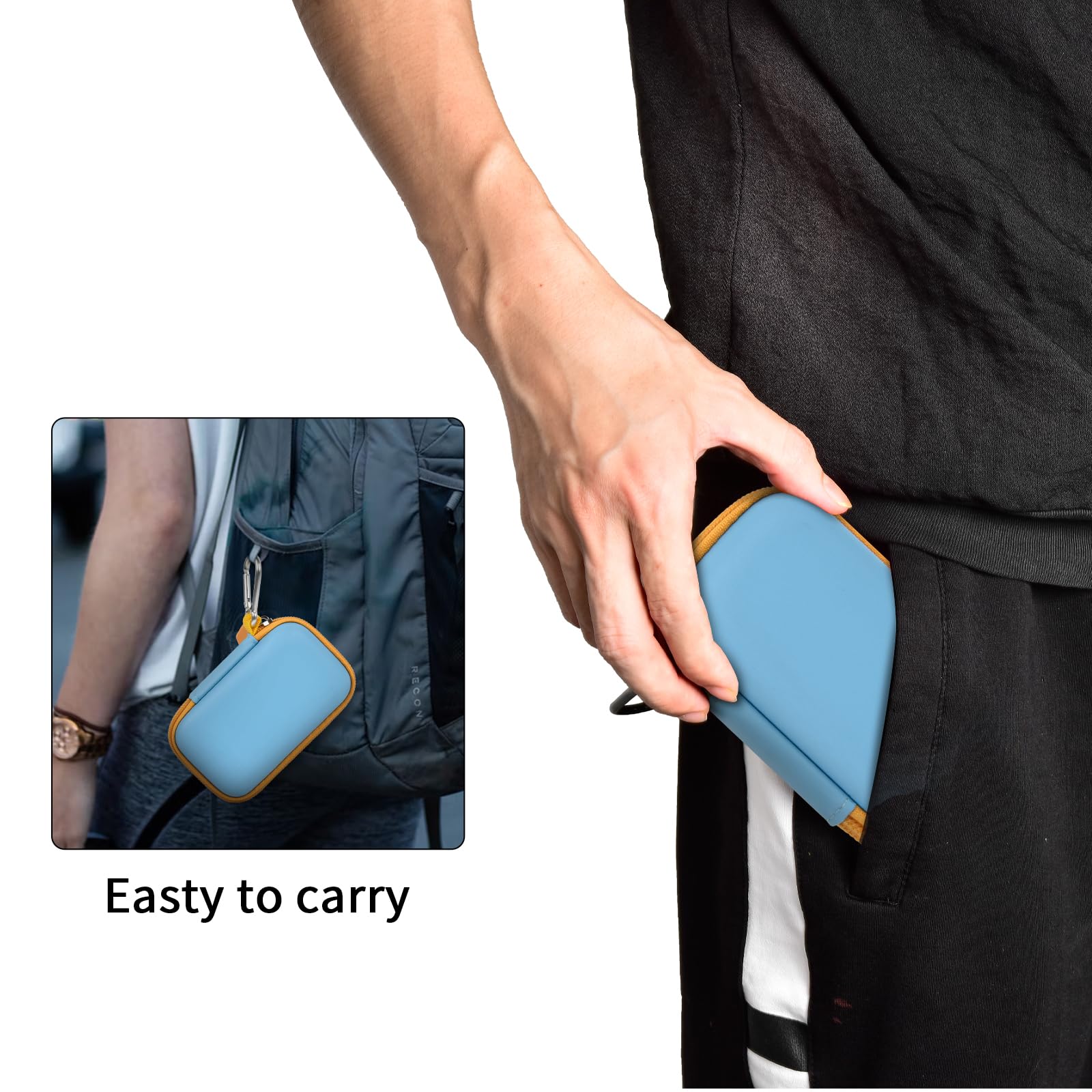 Person carrying the blue and yellow SSD case by its carabiner
