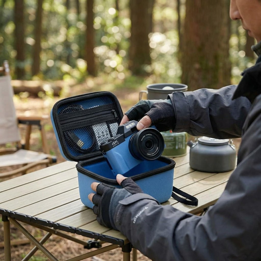 Open blue camera organizer holding a compact camera during outdoor use