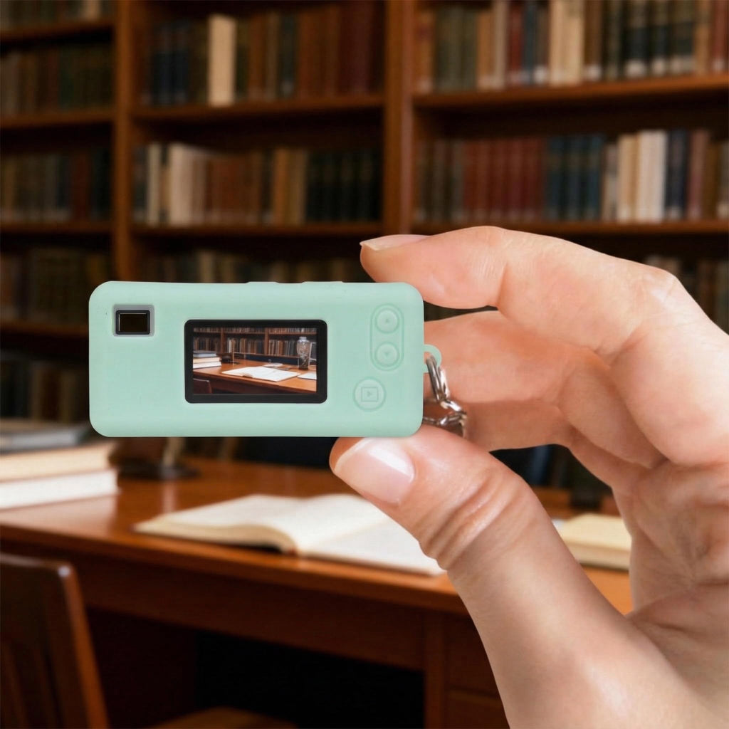 Mint green silicone case for Kodak Charmera keychain camera shown on the camera while taking a photo indoors
