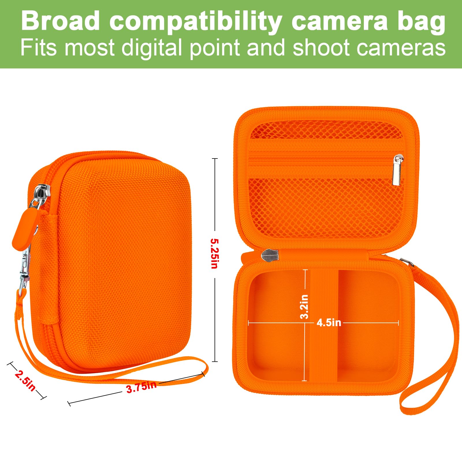Orange protective digital camera case compatibility and interior dimensions overview