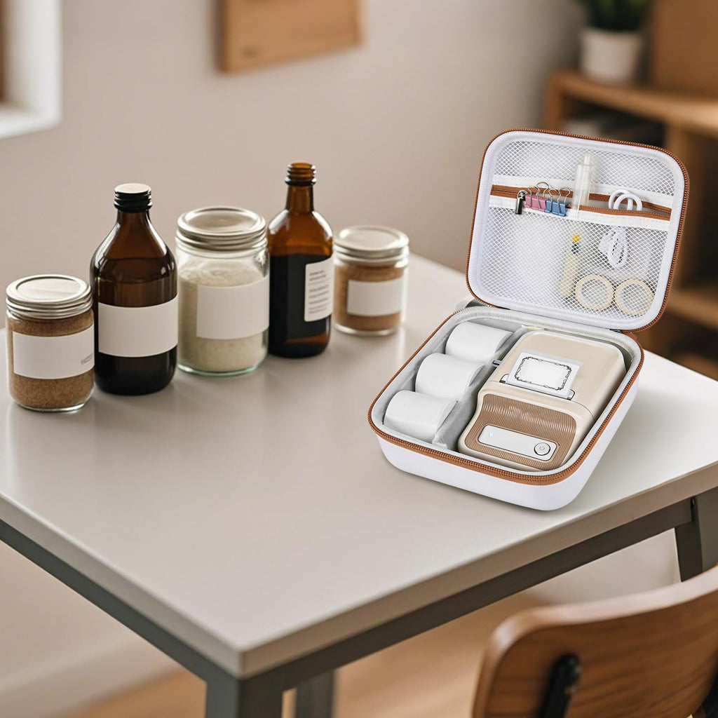 Open white and tan NIIMBOT label maker organizer beside bottles and jars