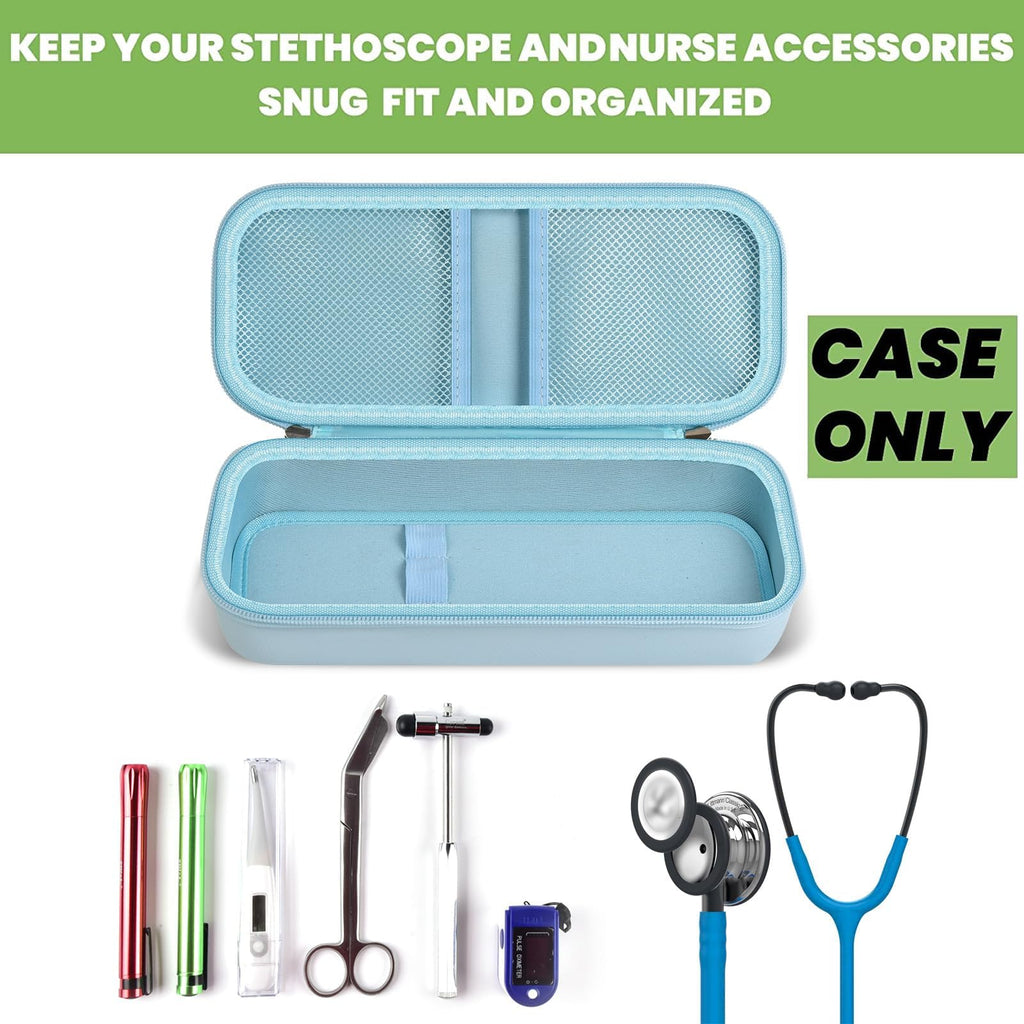 Open light blue hard stethoscope case with organized compartments for medical accessories