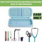 Open light blue hard stethoscope case with organized compartments for medical accessories