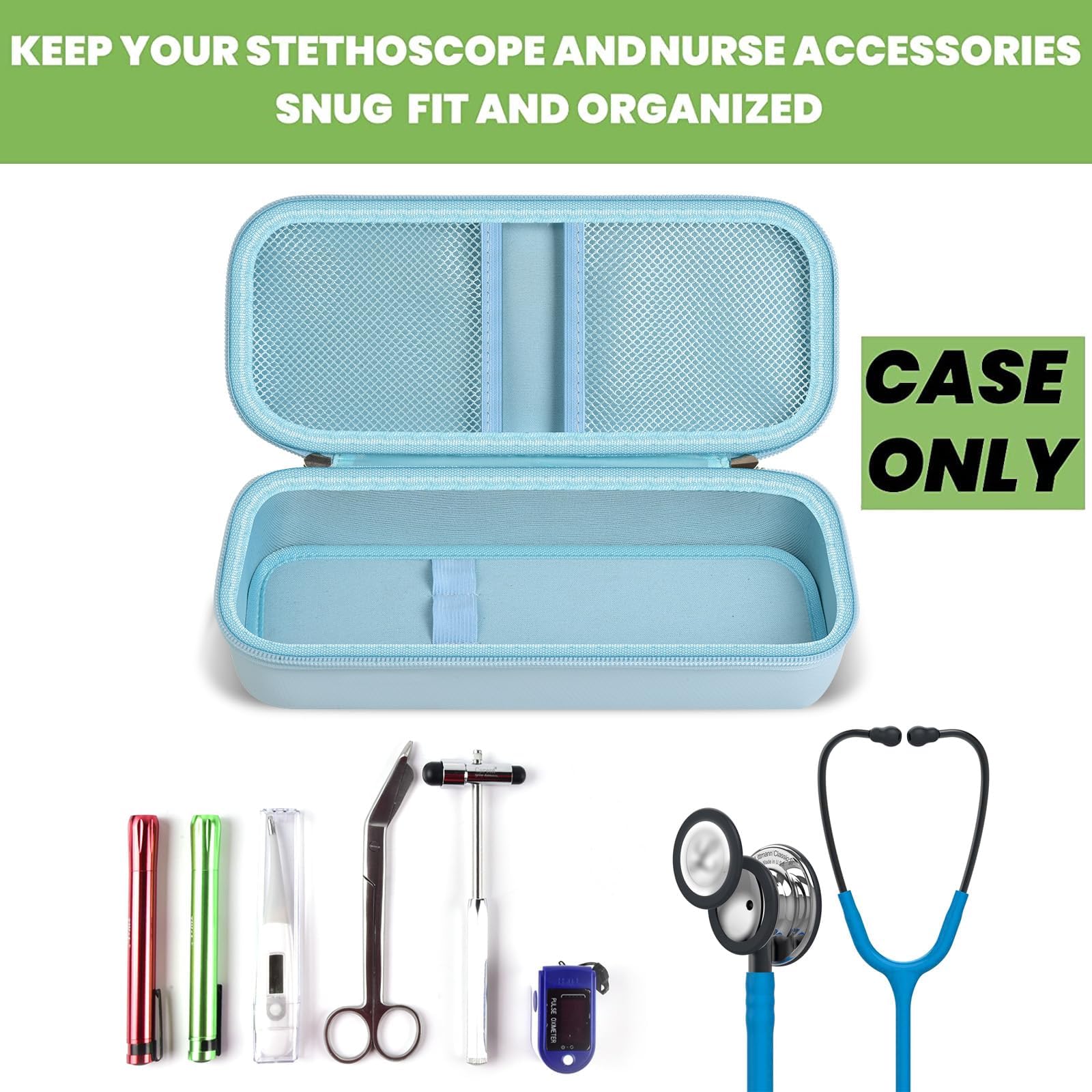 Open light blue hard stethoscope case with organized compartments for medical accessories