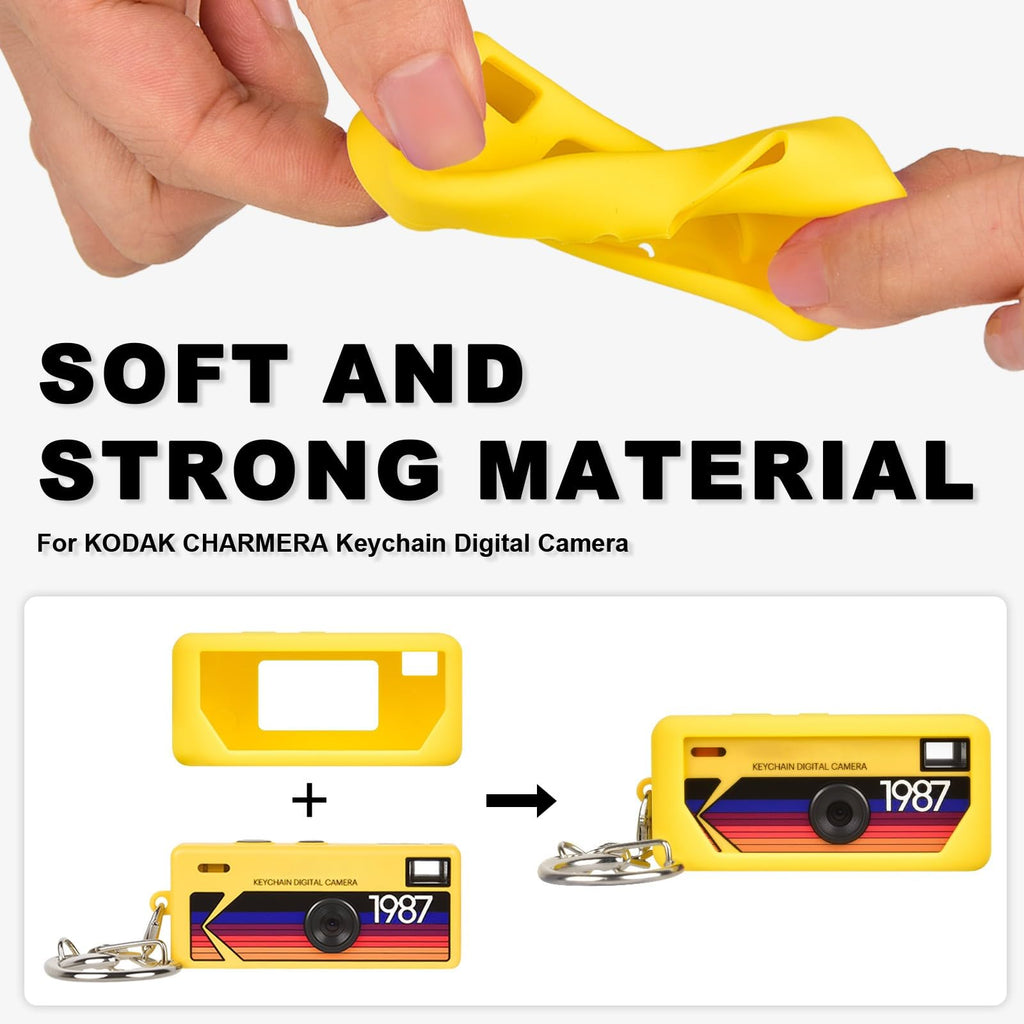 Yellow with retro camera graphic silicone case for Kodak Charmera keychain camera soft, flexible material demonstration