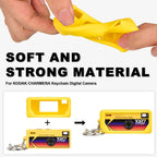 Yellow with retro camera graphic silicone case for Kodak Charmera keychain camera soft, flexible material demonstration
