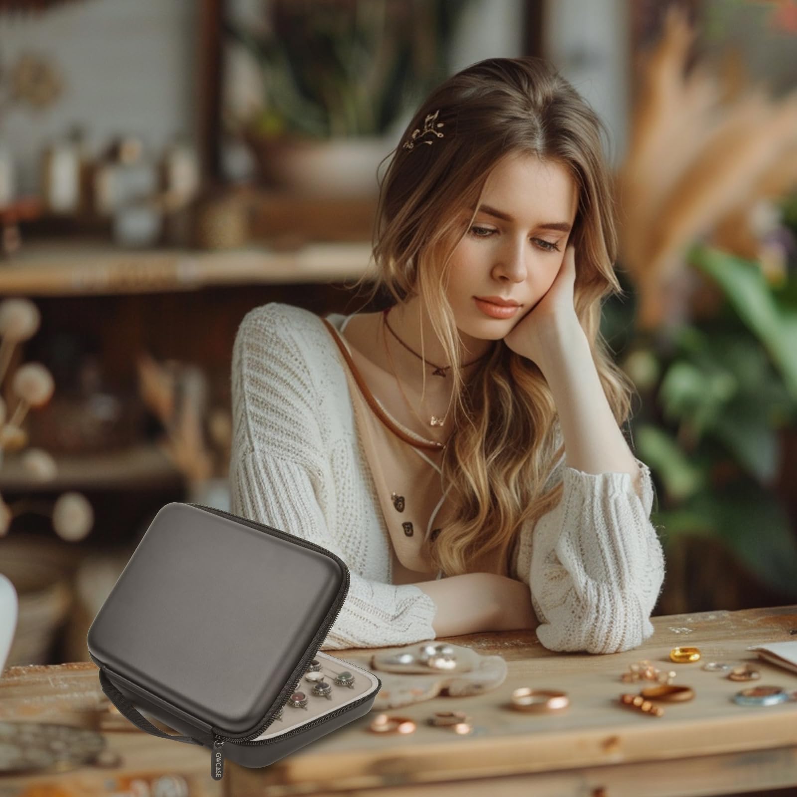 Woman using the gray ring organizer on a jewelry worktable