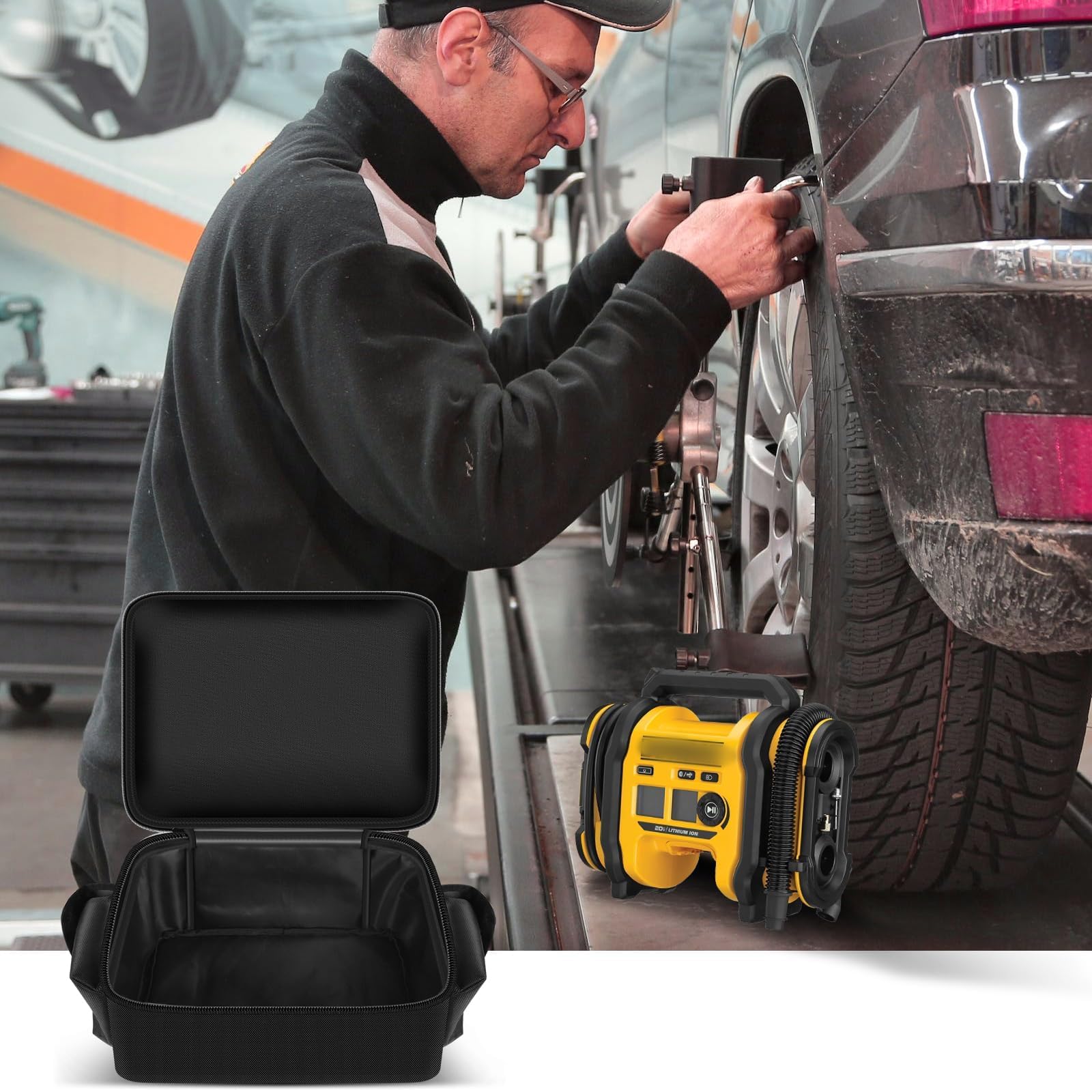 Black air compressor bag beside a DEWALT tire inflator during vehicle tire maintenance