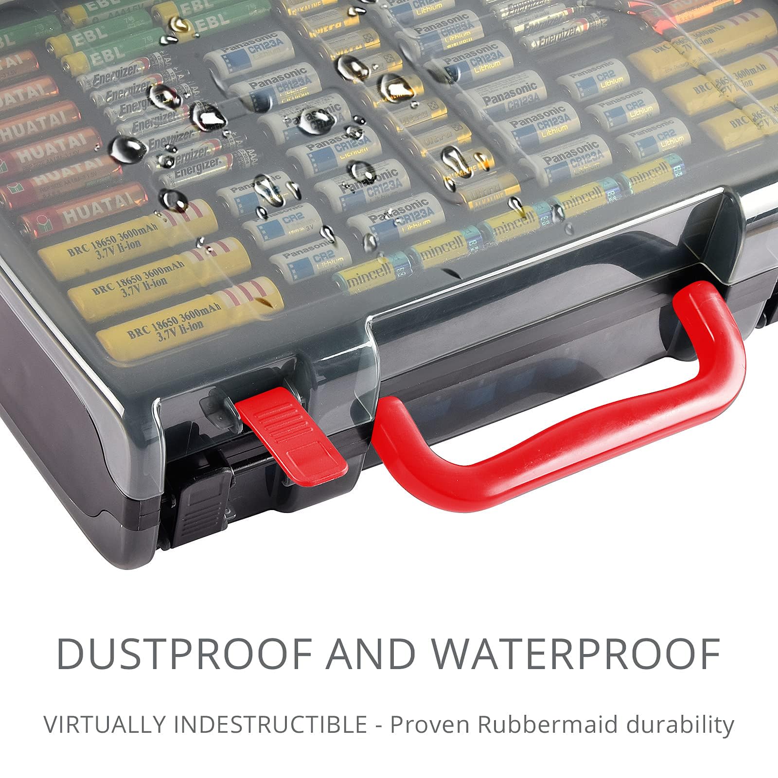 Black with red handle 269-slot battery organizer case dustproof and water-resistant hard case demonstration