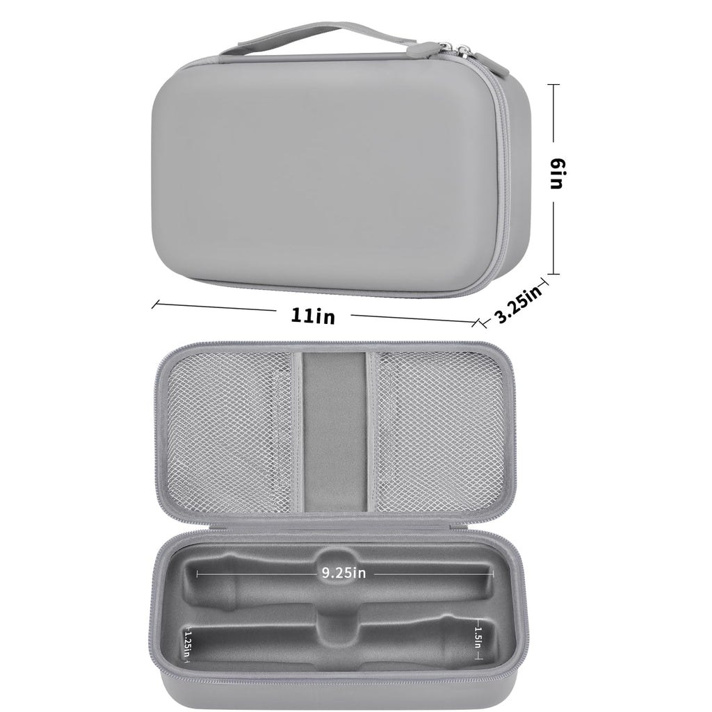 Light gray dual microphone case with EVA shell, portable handle, smooth zipper, and water-resistant protection