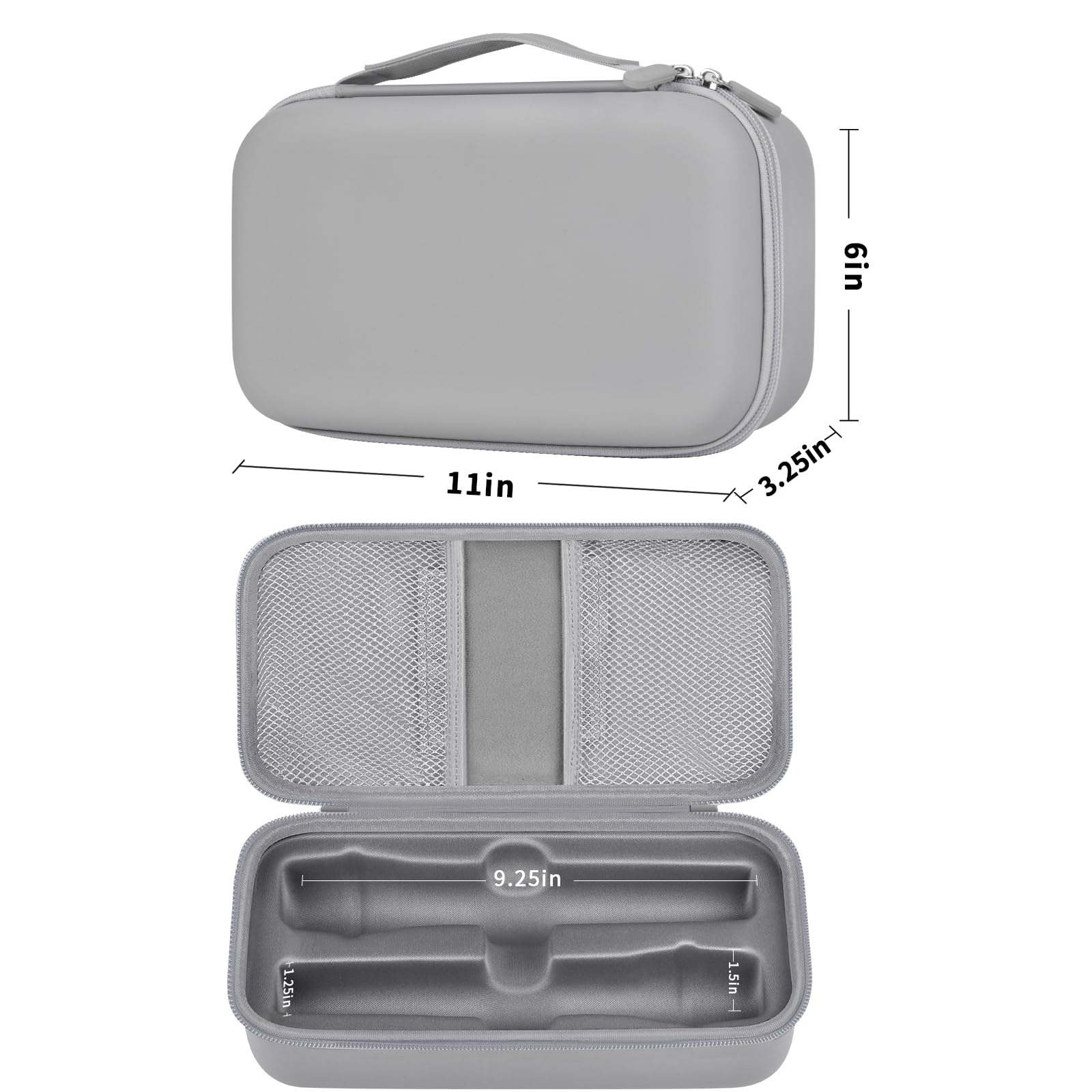 Light gray dual microphone case with EVA shell, portable handle, smooth zipper, and water-resistant protection