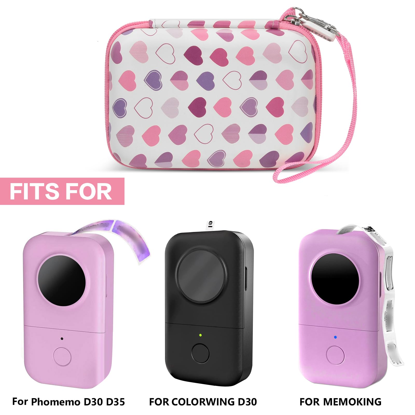 Heart-pattern case shown with compatible Phomemo and Memoking mini printers