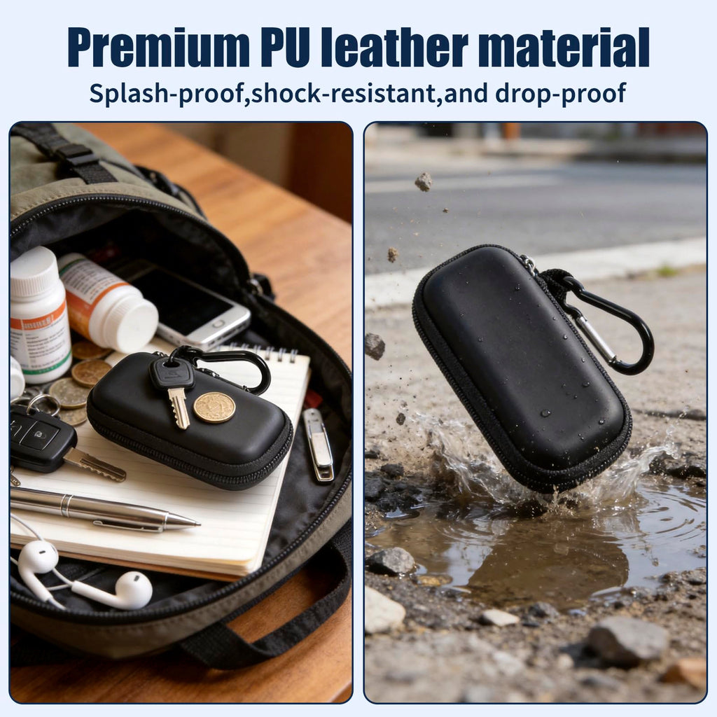 Black PU leather KardiaMobile case demonstrating splash, shock, stain, and drop resistance