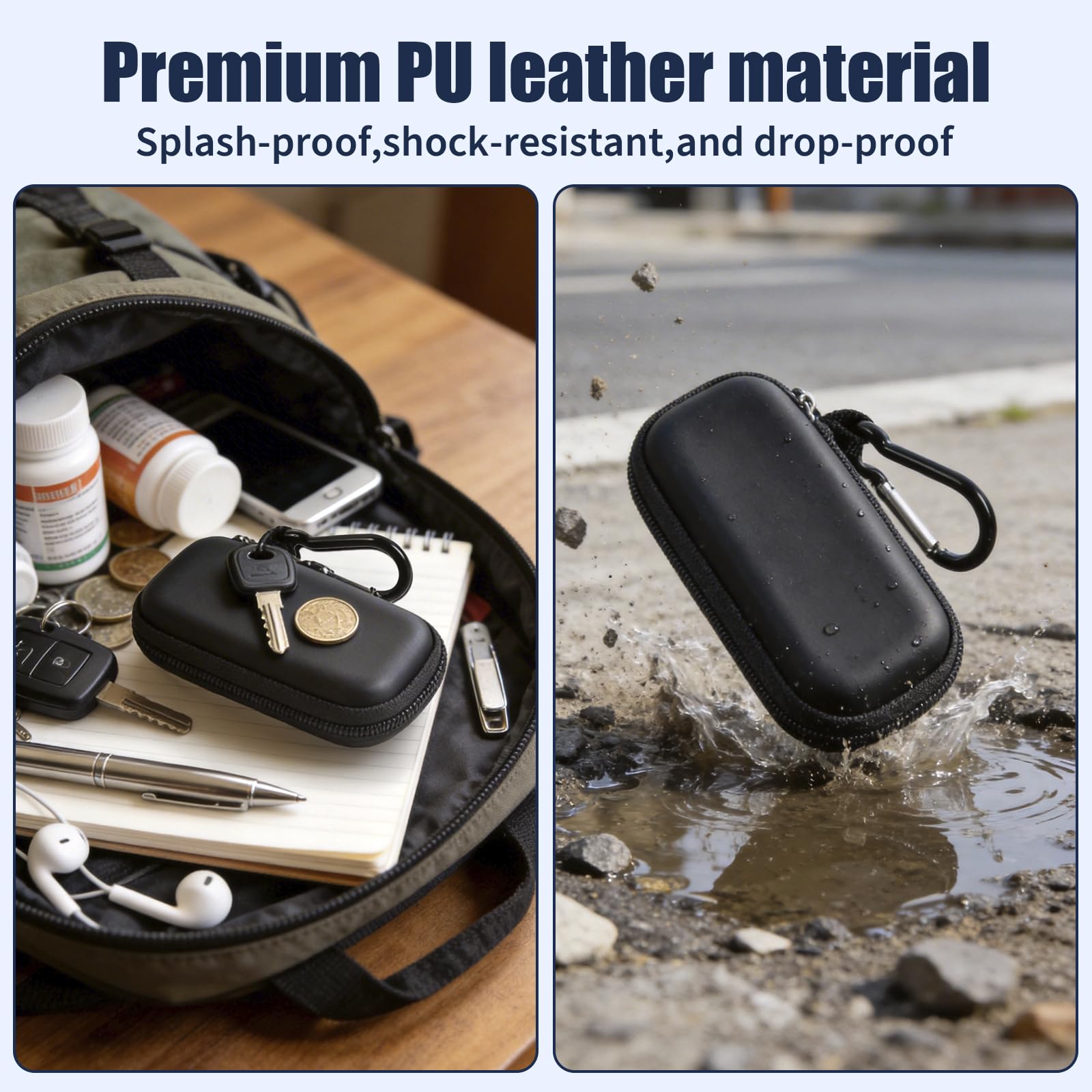 Black PU leather KardiaMobile case demonstrating splash, shock, stain, and drop resistance