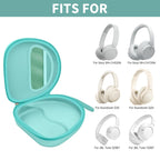 Open mint green headphone case shown with compatible Sony and JBL over-ear headphones