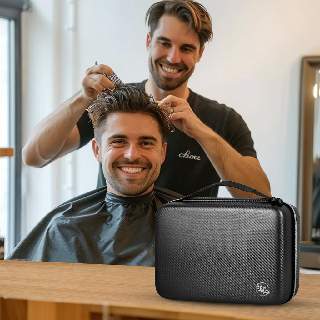 Barber styling a customer's hair beside the closed black clipper case