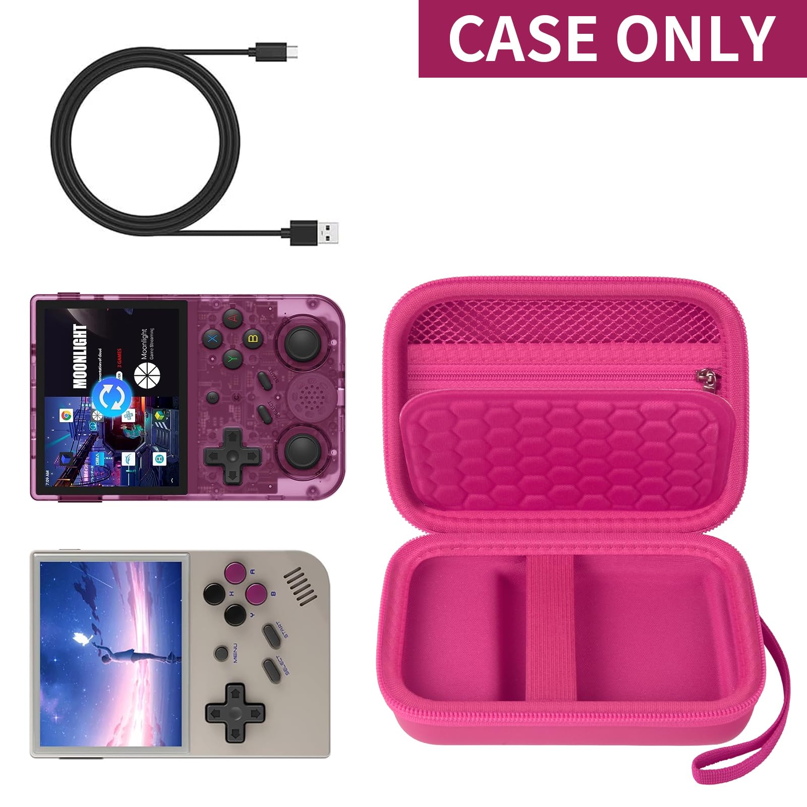 Pink retro handheld console carrying case shown open with compatible retro handheld consoles and cable
