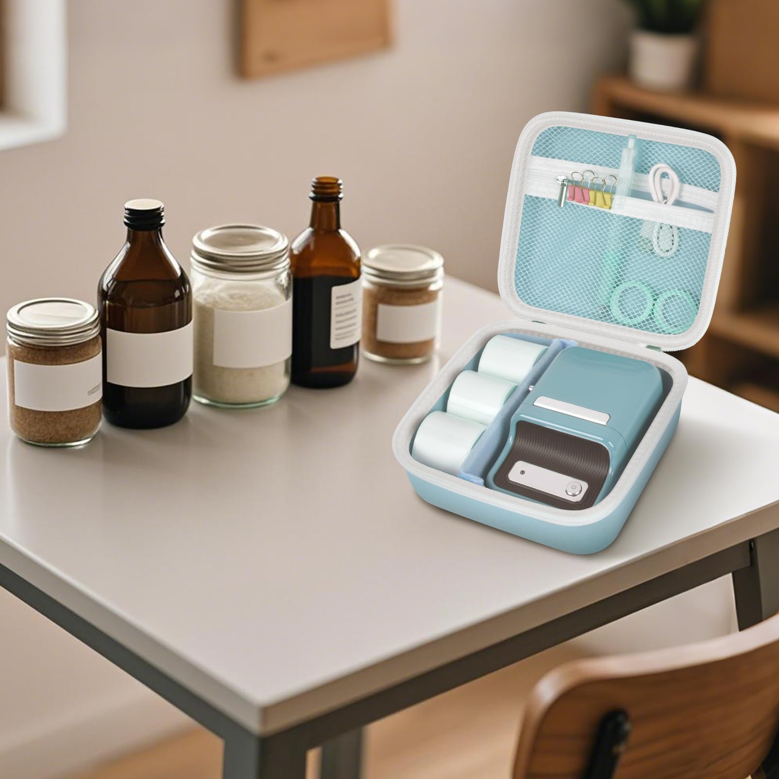 Open light blue NIIMBOT label maker organizer beside bottles and jars
