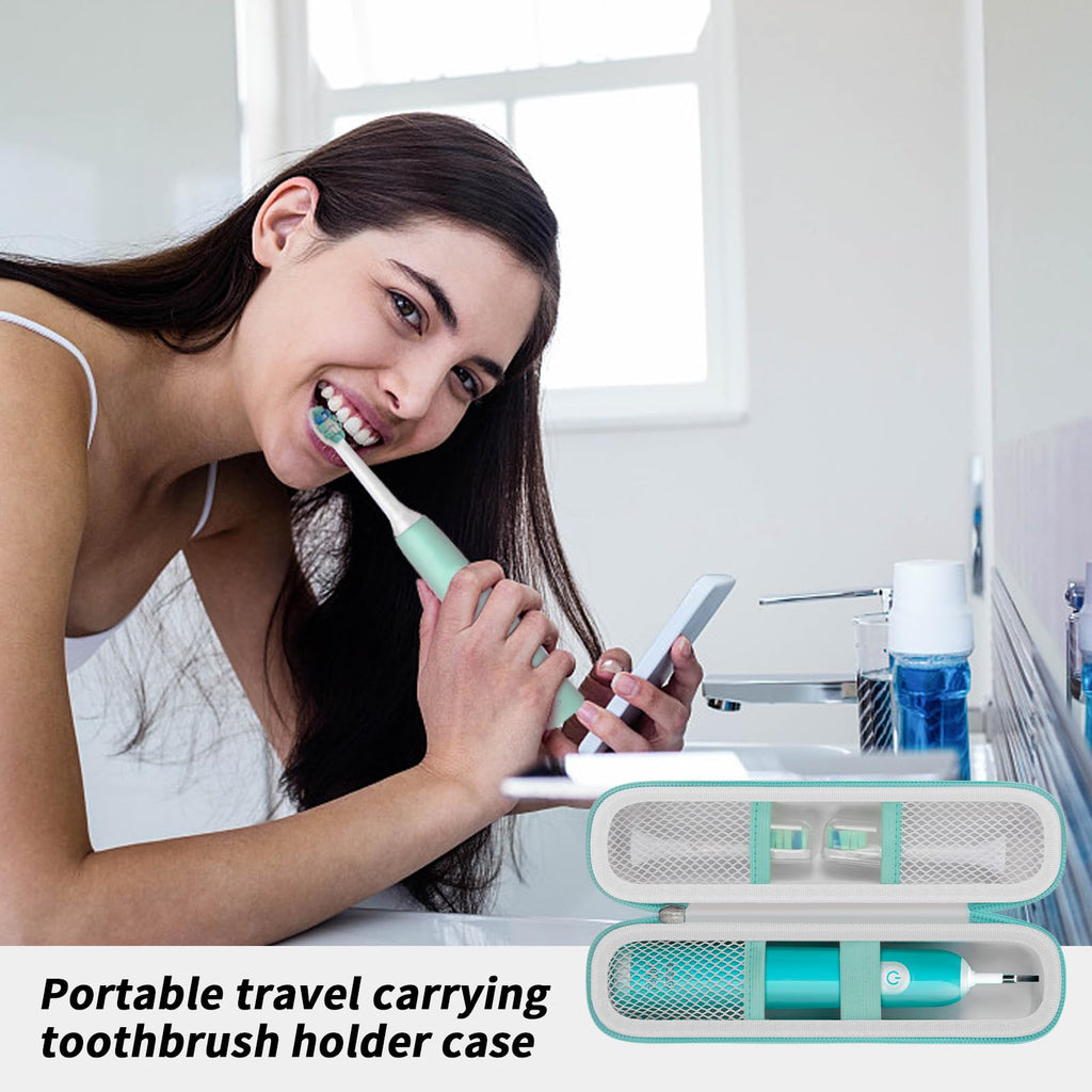 Woman using an electric toothbrush beside the open white and teal case